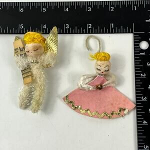 Vtg Chenille Felt Angel Ornament Pair 3.5" Midcentury Pipe Cleaner Holiday Lot